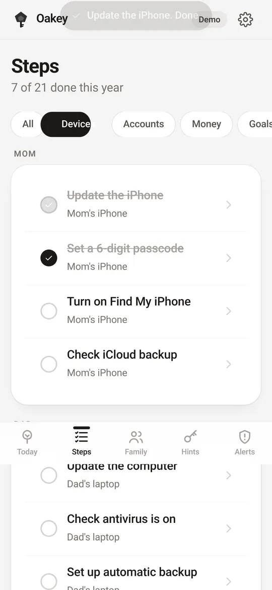 Steps screen: a list of device steps like Turn on Find My iPhone, with done ones crossed out.